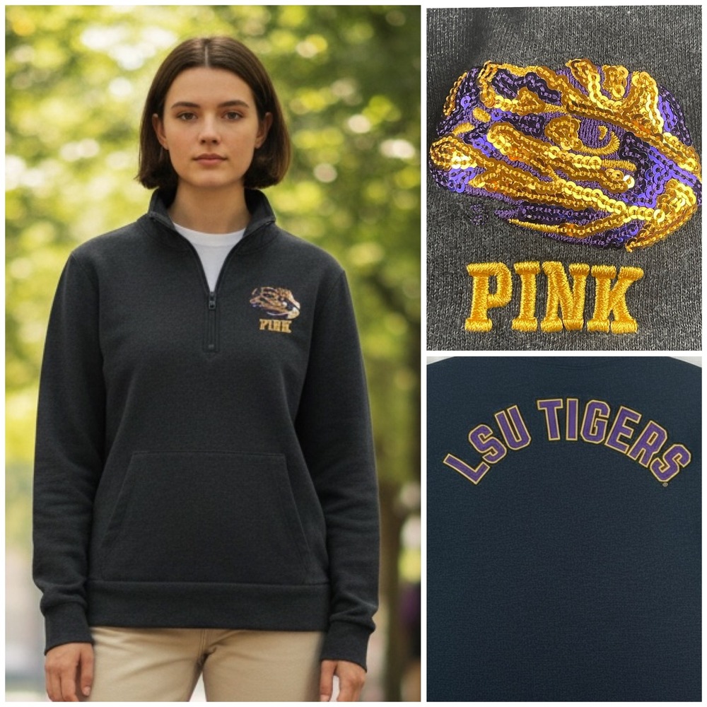 PINK‎ Victoria's Secret LSU Tigers Sequins Quarter Zip Sweatshirt Women's Small
